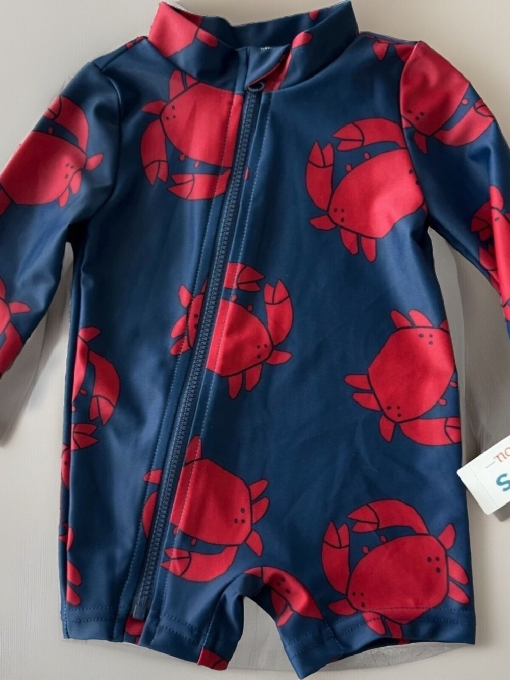 Navy Blue Crab Print Zippered Swim Romper